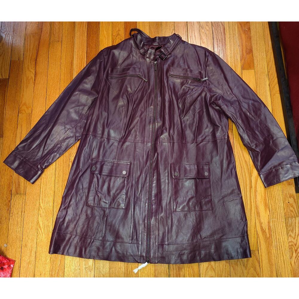 Jessica London Burgundy Leather long Jacket Sz 26